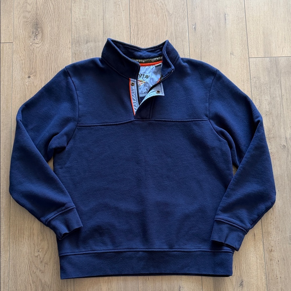 Orvis Men's Dark Blue Quarter Zip-Up Sweatshirt Size L Pullover Mock Neck EUC